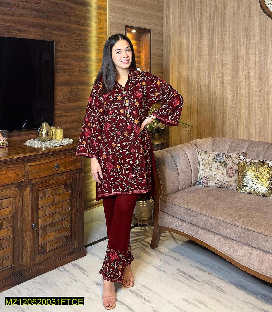 Maroon Embroidered 2-Piece Katan Silk Suit