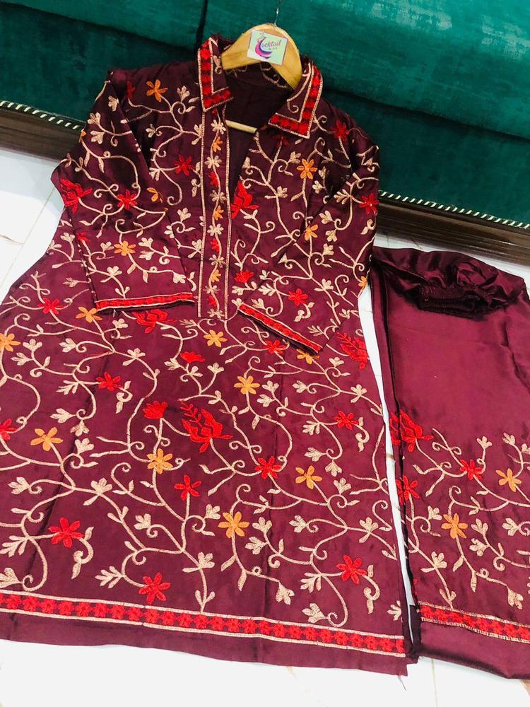 Maroon Embroidered 2-Piece Katan Silk Suit