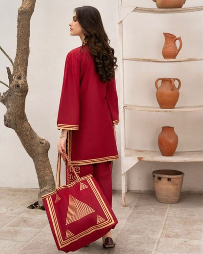 2-Piece Linen Printed Dress with Bag