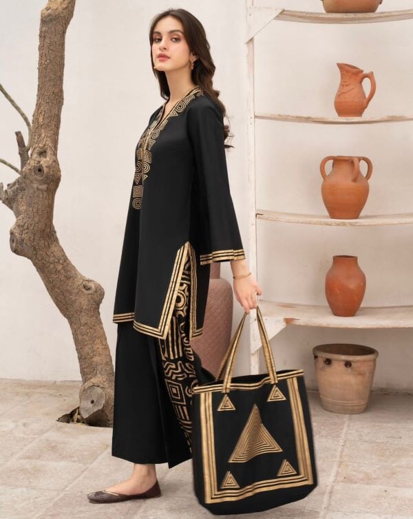2-Piece Linen Printed Dress with Bag