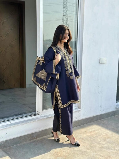 2-Piece Linen Printed Dress with Bag