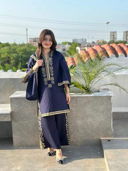 2-Piece Linen Printed Dress with Bag