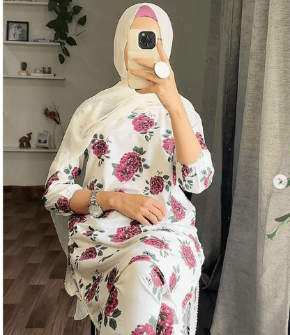 2-Piece Women's Stitched Gulab Print Linen Suit