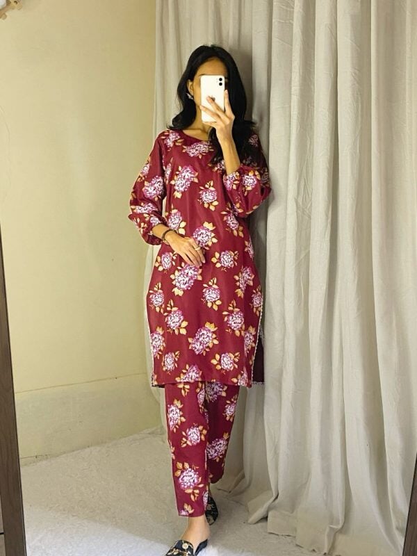 2-Piece Women's Stitched Gulab Print Linen Suit
