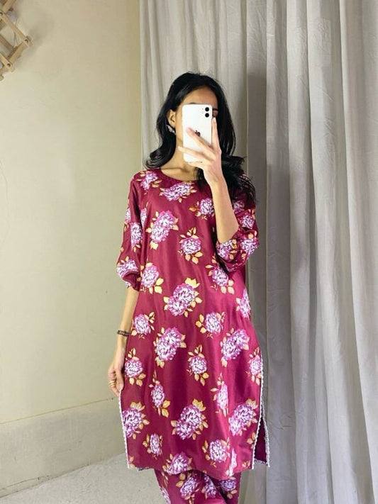 2-Piece Women's Stitched Gulab Print Linen Suit