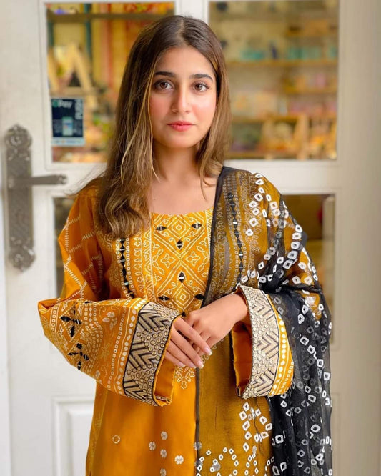 Yellow Printed 3-Piece Katan Silk Suit with Mirror Work