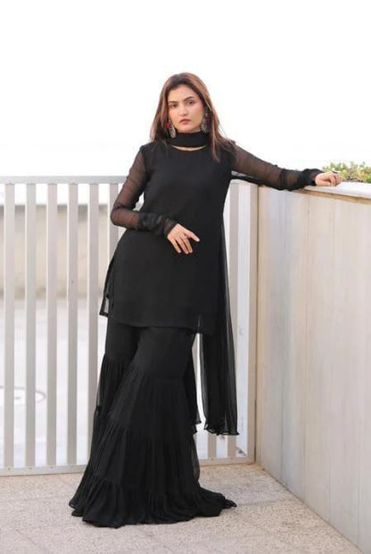 Black Plain 3-Piece Chiffon Suit