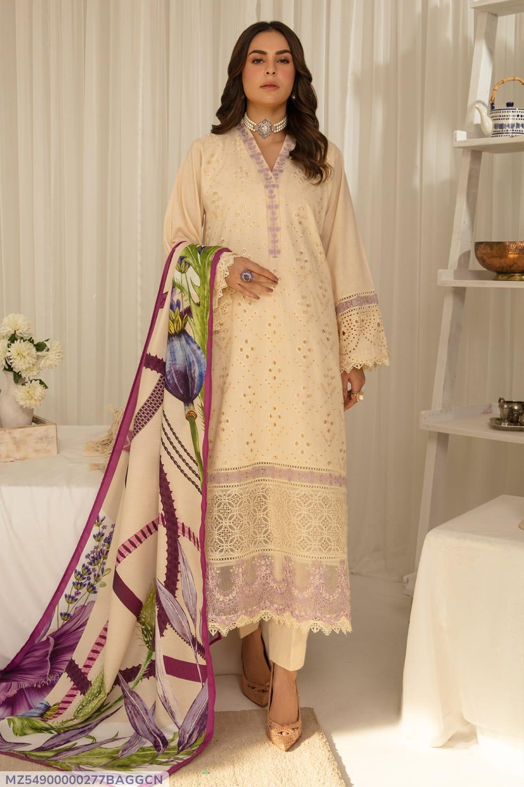 Beige Embroidered 3-Piece Dhanak Suit with Wool Shawl