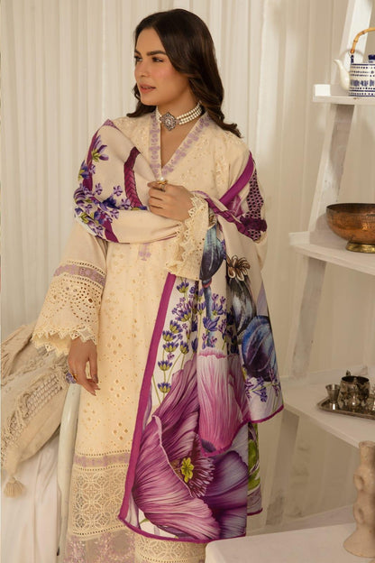 Beige Embroidered 3-Piece Dhanak Suit with Wool Shawl