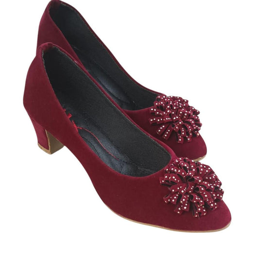 Maroon Embroidered Velvet Pumps