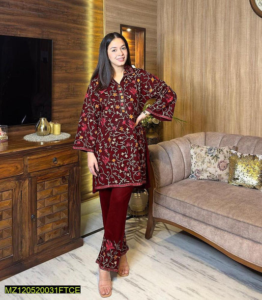 Maroon Embroidered 2-Piece Katan Silk Suit