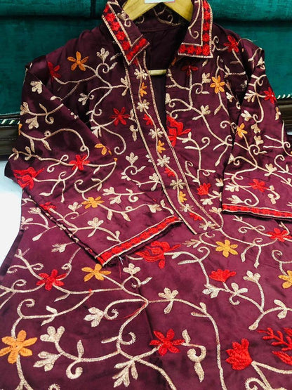 Maroon Embroidered 2-Piece Katan Silk Suit