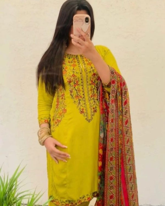 Mehndi 2-Piece Stitched Pocket Embroidered Linen Suit